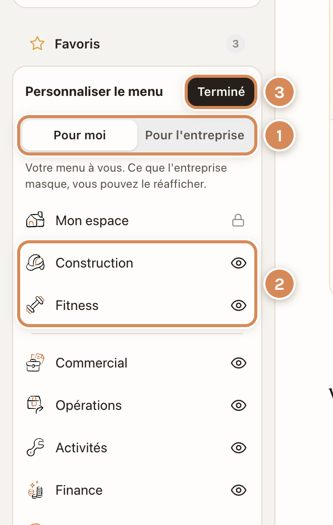 Le panneau Personnaliser le menu