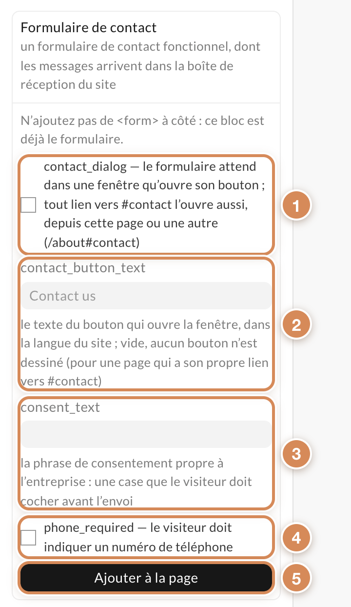 Les options du bloc Formulaire de contact
