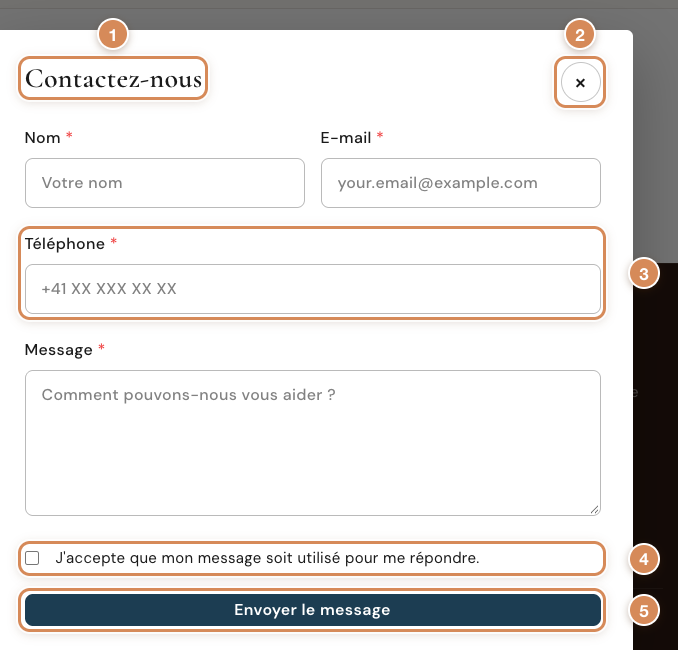La fenêtre du formulaire de contact, côté visiteur