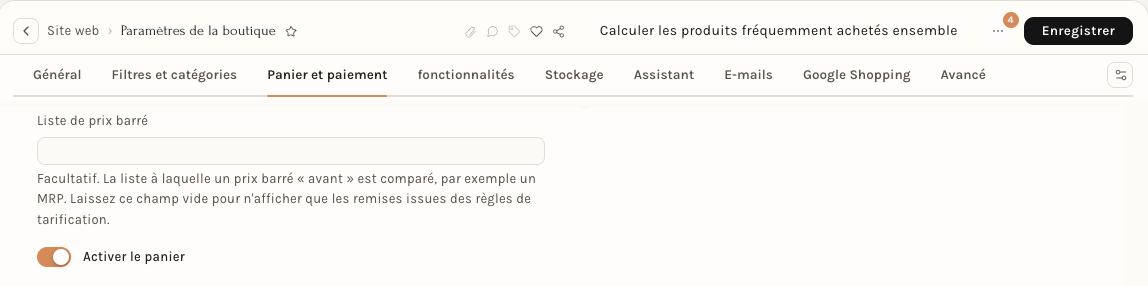 L'interrupteur de la boutique : Activer le panier