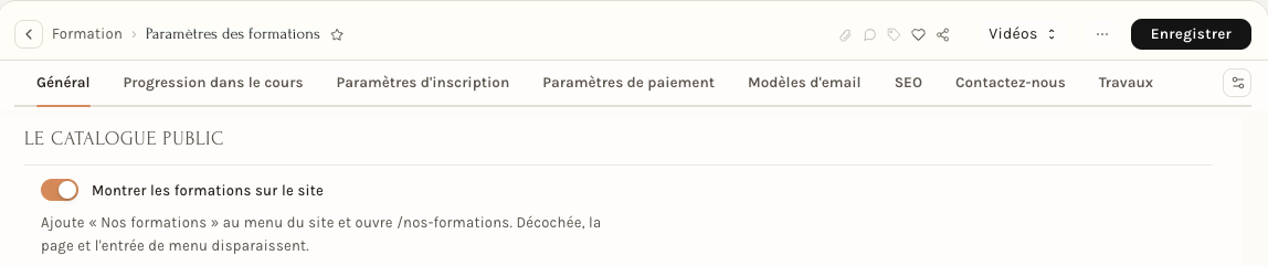 L'interrupteur des formations : Montrer les formations sur le site