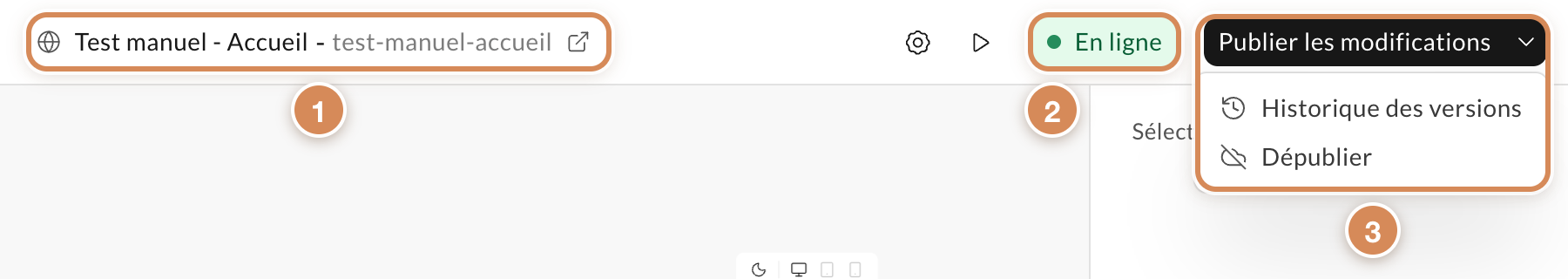 La barre du haut d'une page publiée dont les modifications attendent