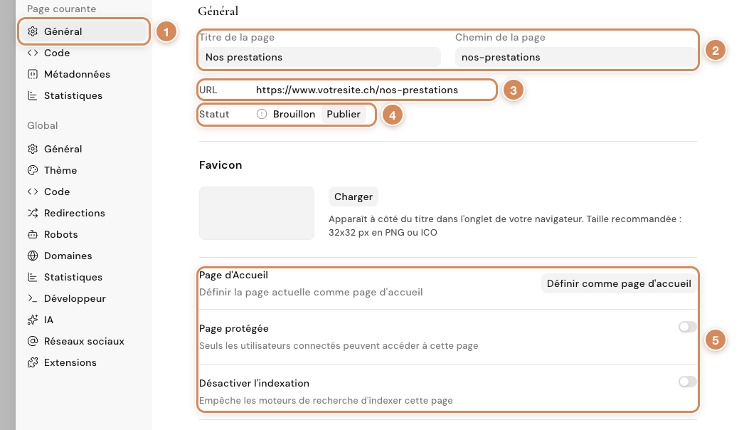 Le réglage Général d'une page