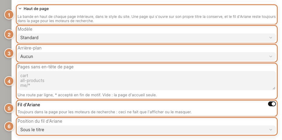 La rubrique Haut de page de la fenêtre Thème