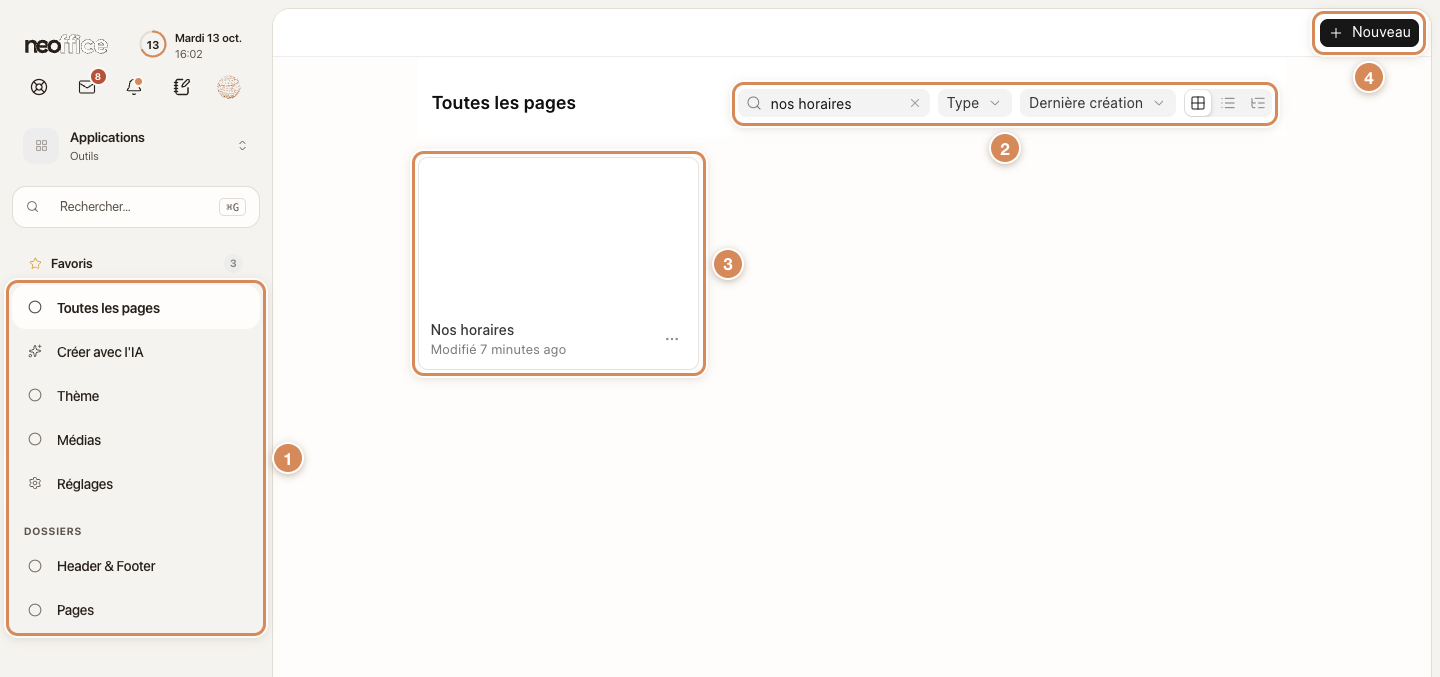 Le tableau de bord du Builder, filtré sur une page