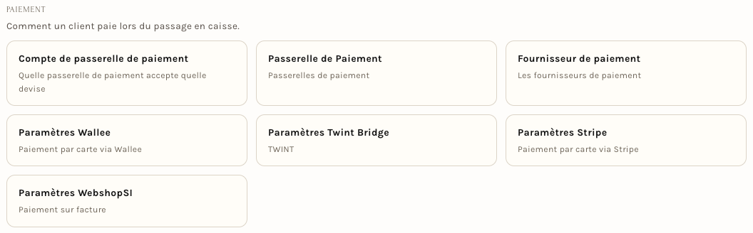 La rubrique Paiement de l'onglet Paramètres