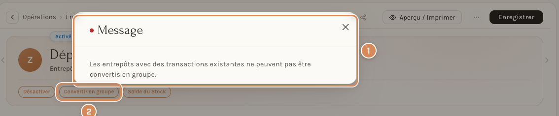 Le refus de convertir en groupe un entrepôt qui contient des pièces