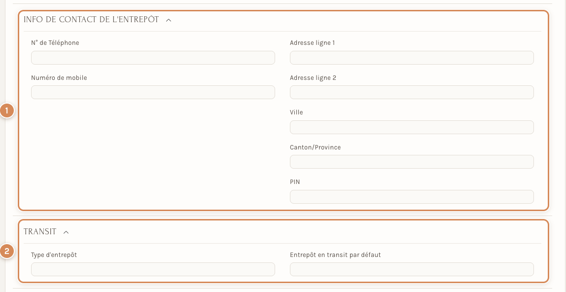 Les sections Info de contact et Transit