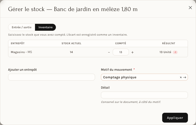 Un inventaire : 14 en stock, 13 comptés, motif Comptage physique