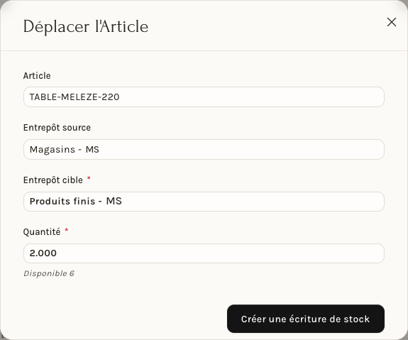 La fenêtre Déplacer l'Article