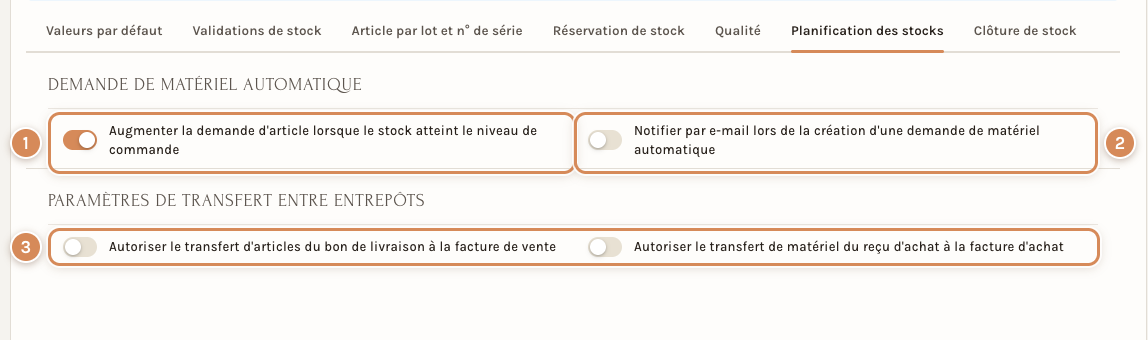 L'onglet Planification des stocks