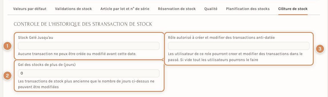 L'onglet Clôture de stock