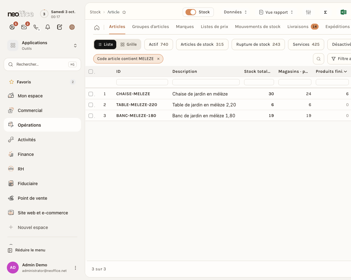 La liste des articles avec l'interrupteur Stock activé : une colonne par entrepôt