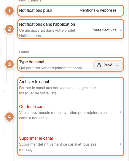 Les paramètres d'un canal