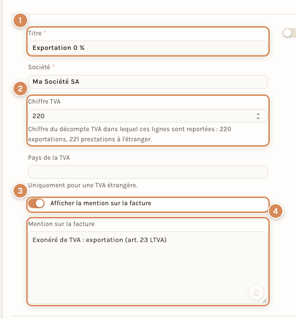 Le modèle Exportation 0 % : le chiffre 220 de la déclaration et la mention imprimée sur la facture