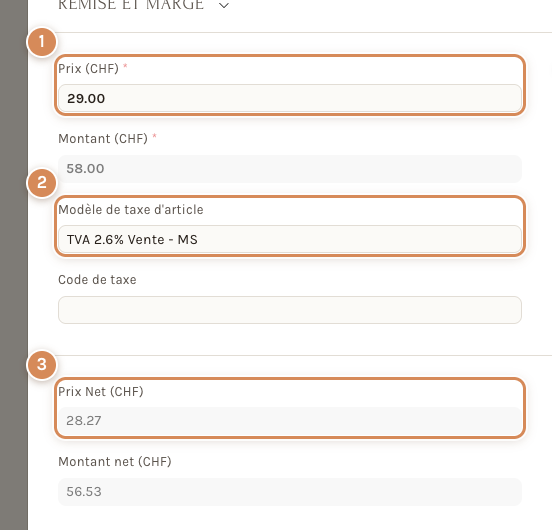 La ligne dépliée d'une facture : le prix, le modèle de taxe d'article et le prix net
