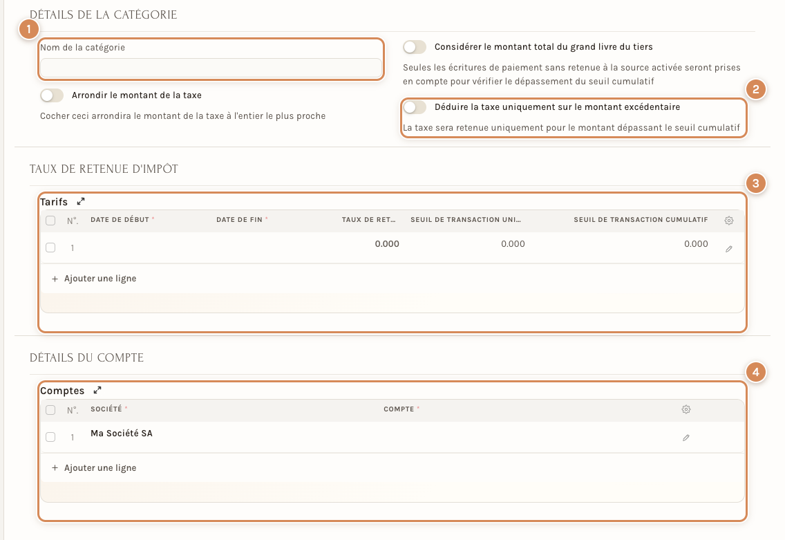 Une catégorie de taxation à la source : son nom, ses tarifs et ses comptes