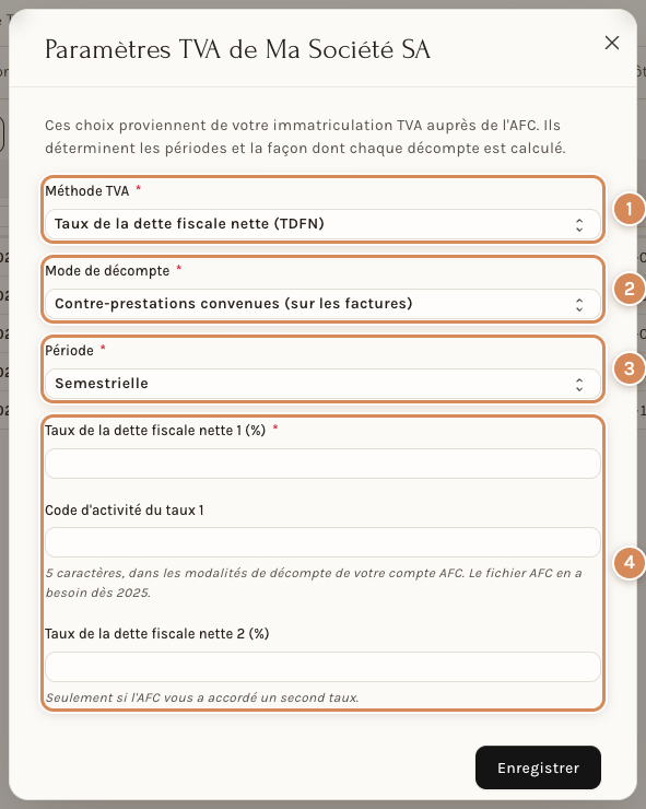 Les paramètres TVA, ici avec la méthode du taux de la dette fiscale nette