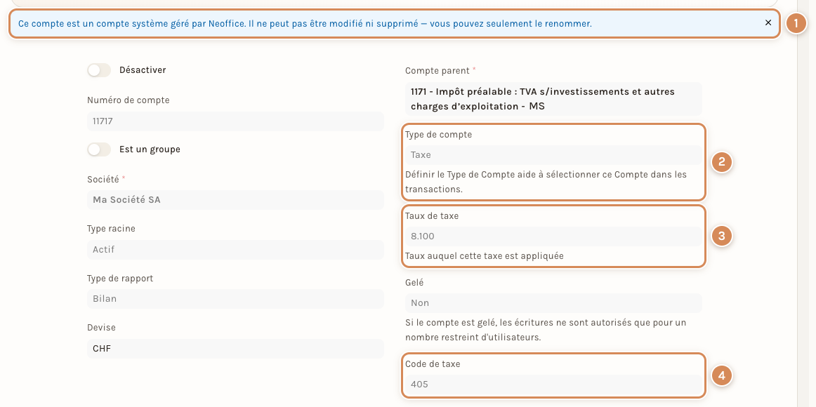 Un compte de TVA tel que le voit un collaborateur : le bandeau, le type de compte, le taux et le code de taxe
