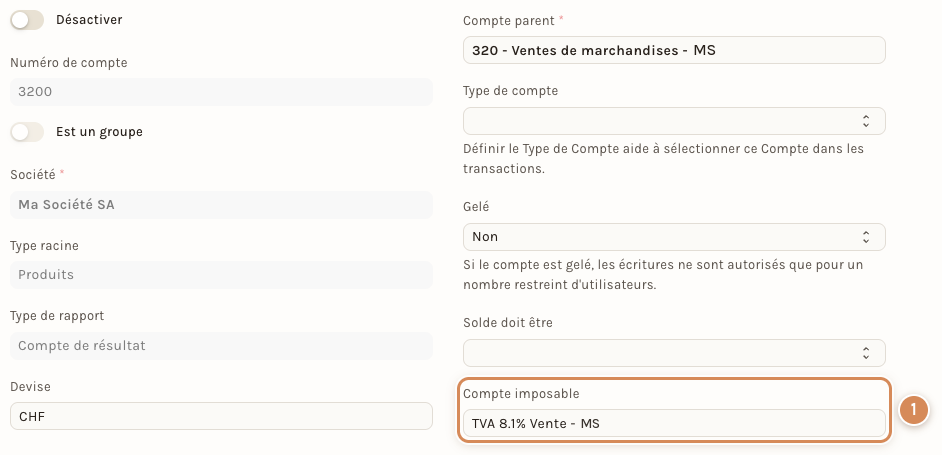 Un compte de produits relié à un modèle de taxe par le champ Compte imposable
