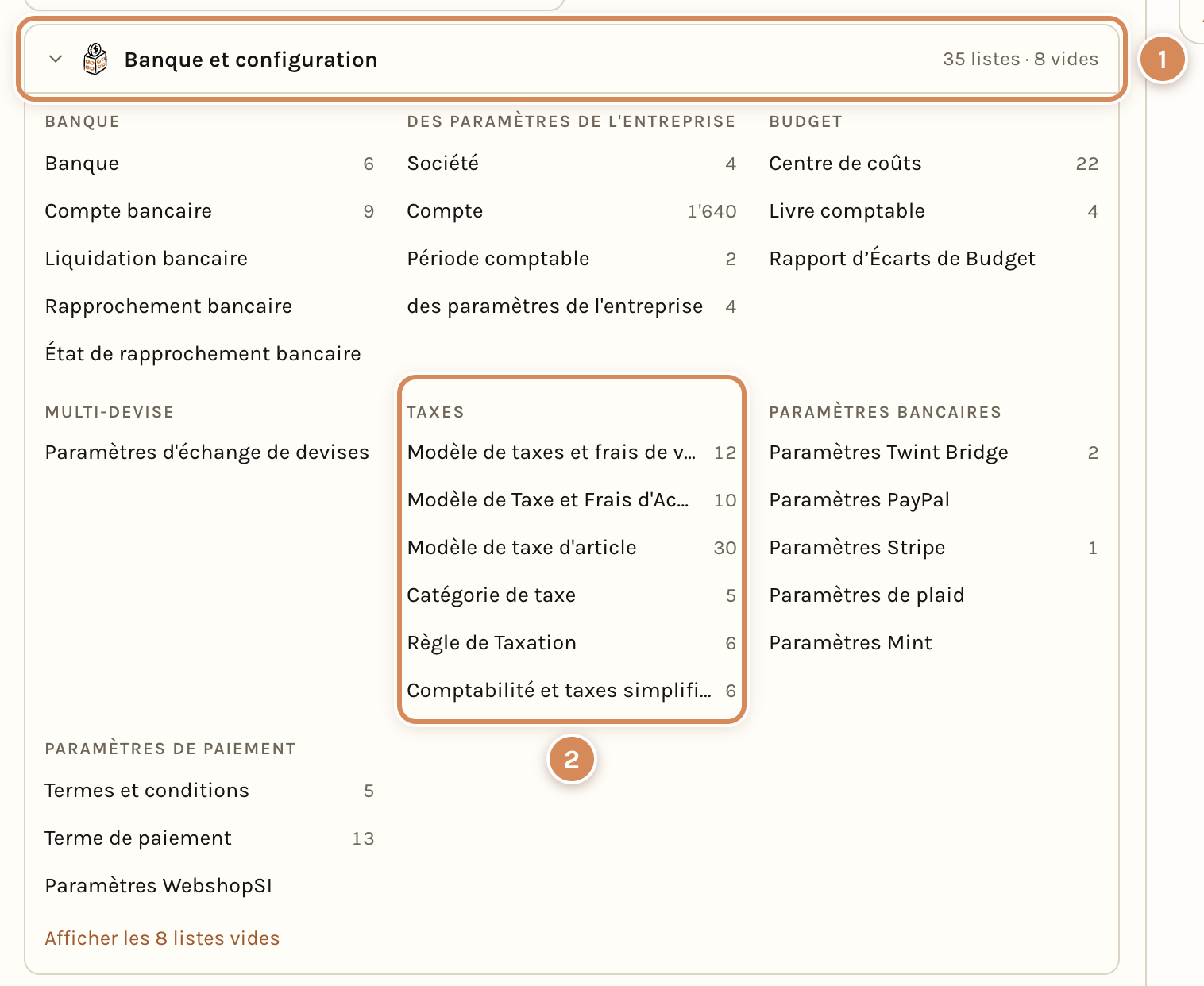 La rubrique Taxes de l'Aperçu de Finance
