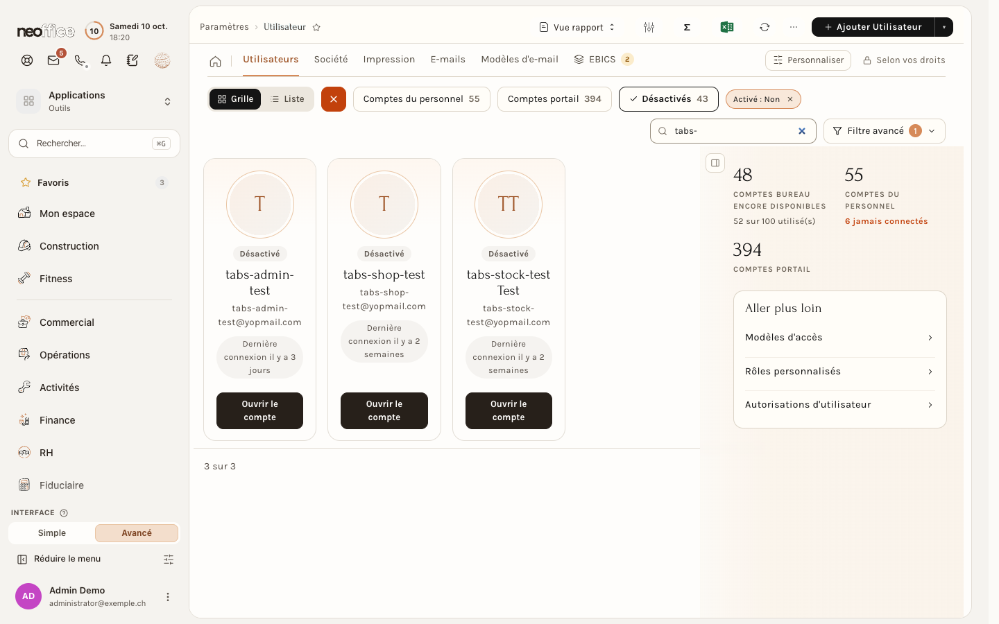 L'onglet Utilisateurs : les comptes sous forme de cartes (ici trois comptes de test désactivés), le panneau des chiffres et les liens de Aller plus loin