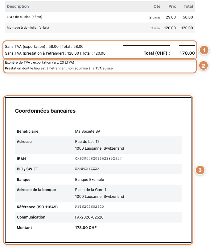 La facture imprimée d'un client à l'étranger : le détail de TVA, les mentions d'exonération et les coordonnées bancaires