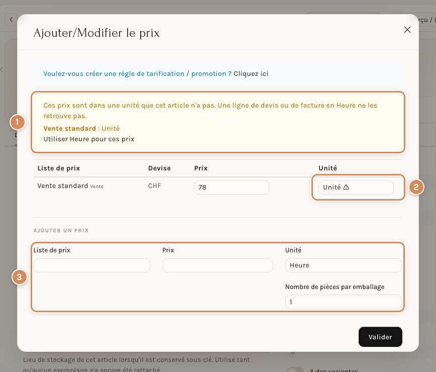 La fenêtre Ajouter/Modifier le prix d'un article dont le prix est resté en Unité : bandeau jaune, unité marquée d'un point d'attention et section Ajouter un prix