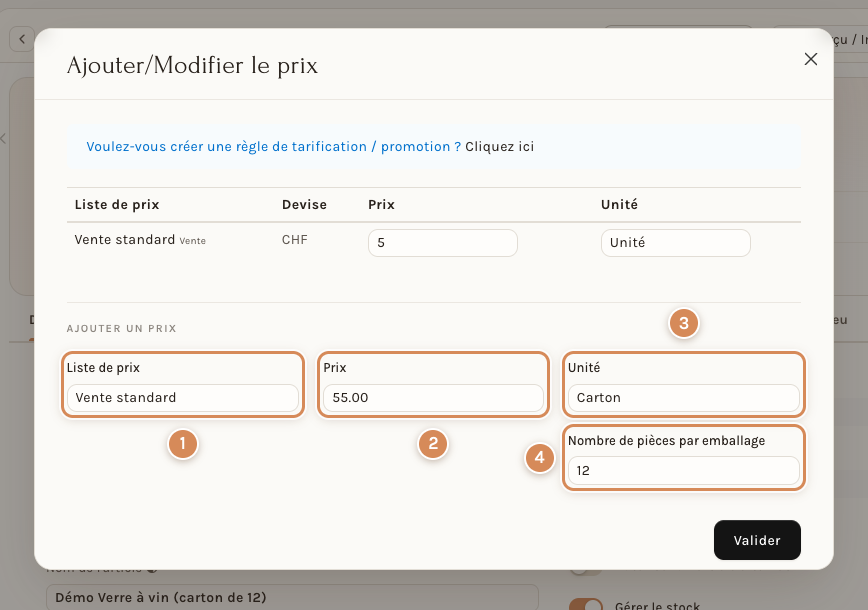 La section Ajouter un prix : liste Vente standard, prix de 55.00, unité Carton, 12 pièces par emballage